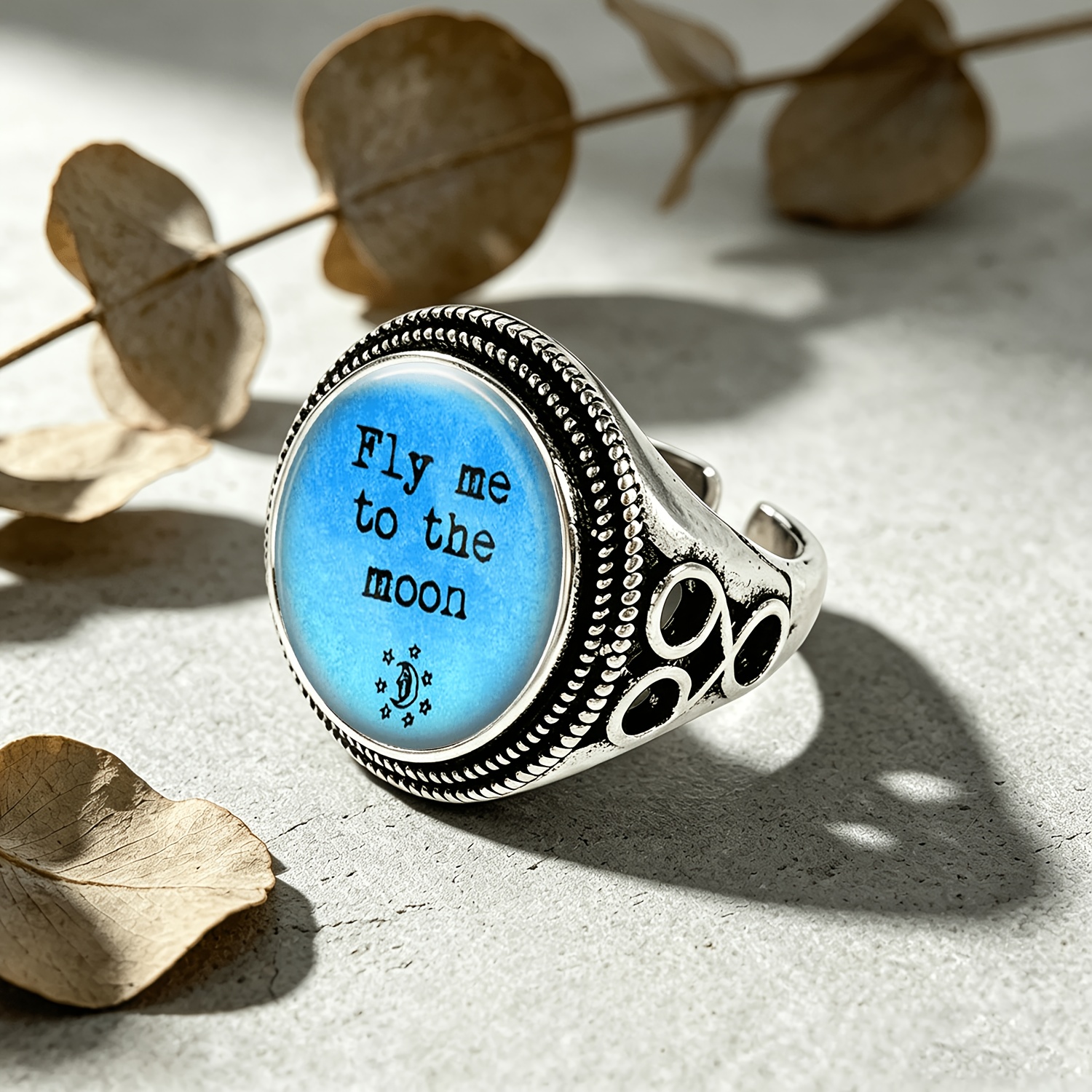 Classic Black Adjustable Ring with Moon & Star Pattern